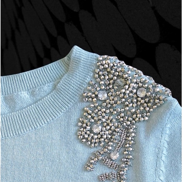 Halogen Jeweled Shoulder Sweater, Light Blue/Silver, Small/Petite - Picture 5 of 12